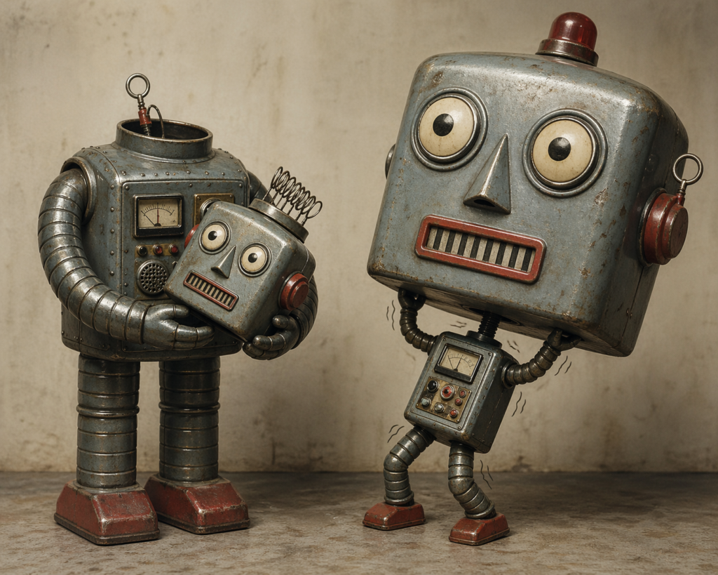 AI generated image of 2 vintage robots. One is holding its head in its arms. The other is holding its overlarge head up on its small body.