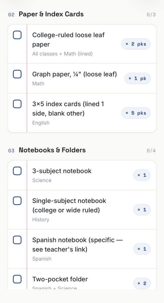 Claude generated shopping list of school supplies